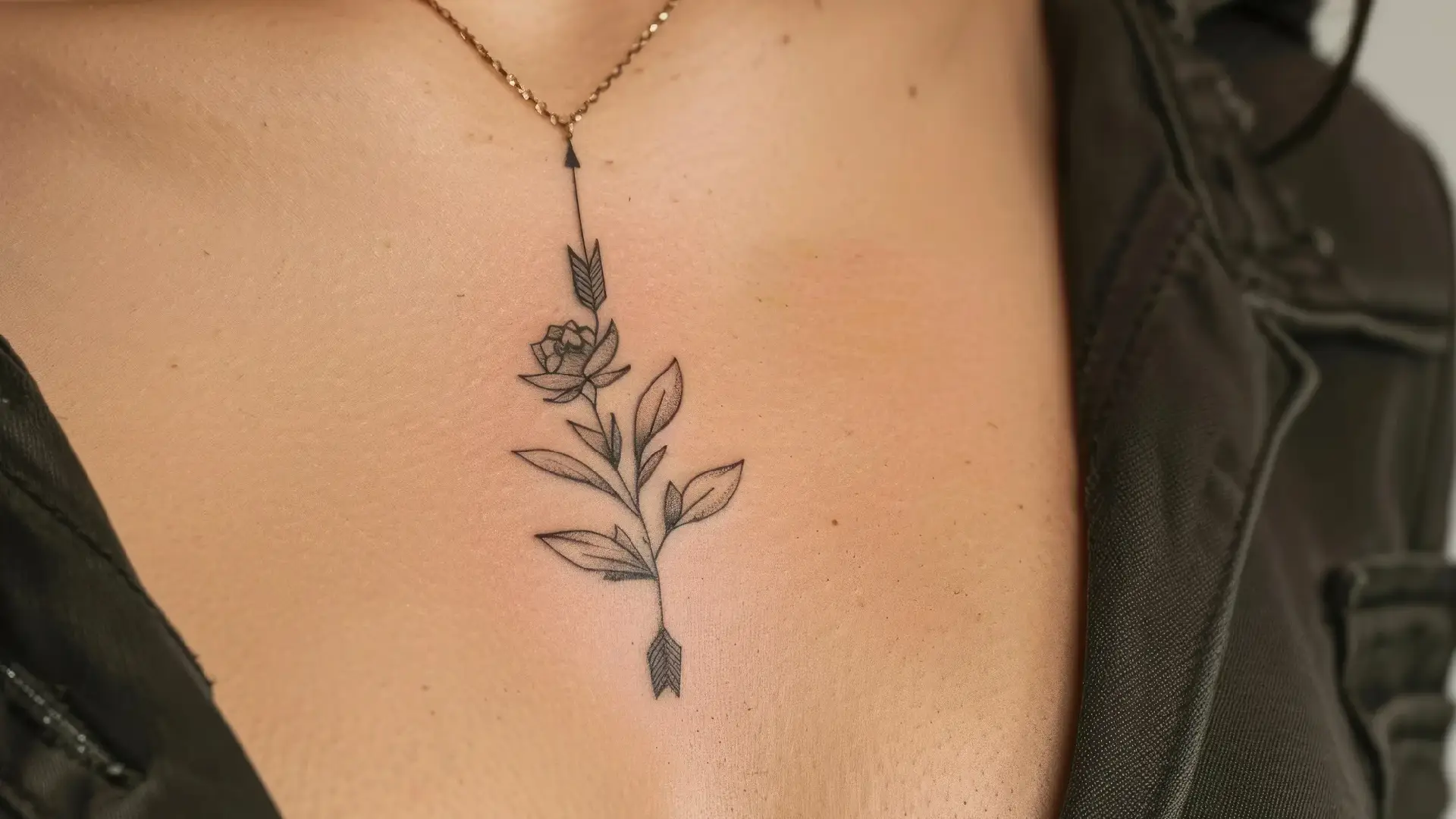 A delicate, permanent jewelry piece on a woman's neck.
