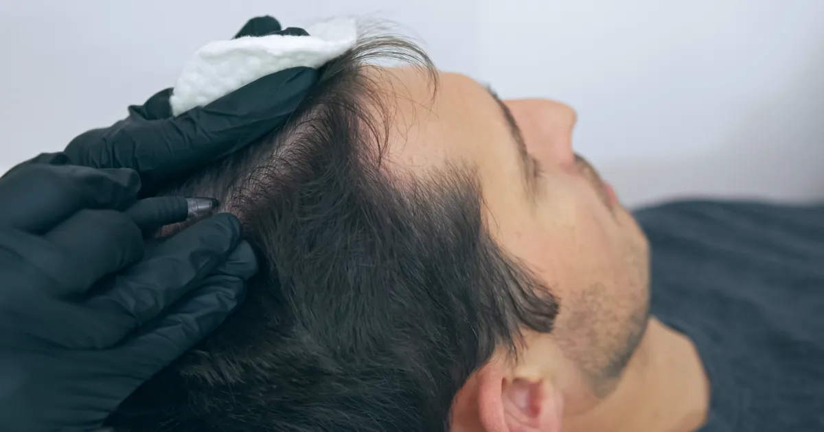 A specialist performing scalp micropigmentation treatment in Missoula, MT, on a man’s thinning hairline
