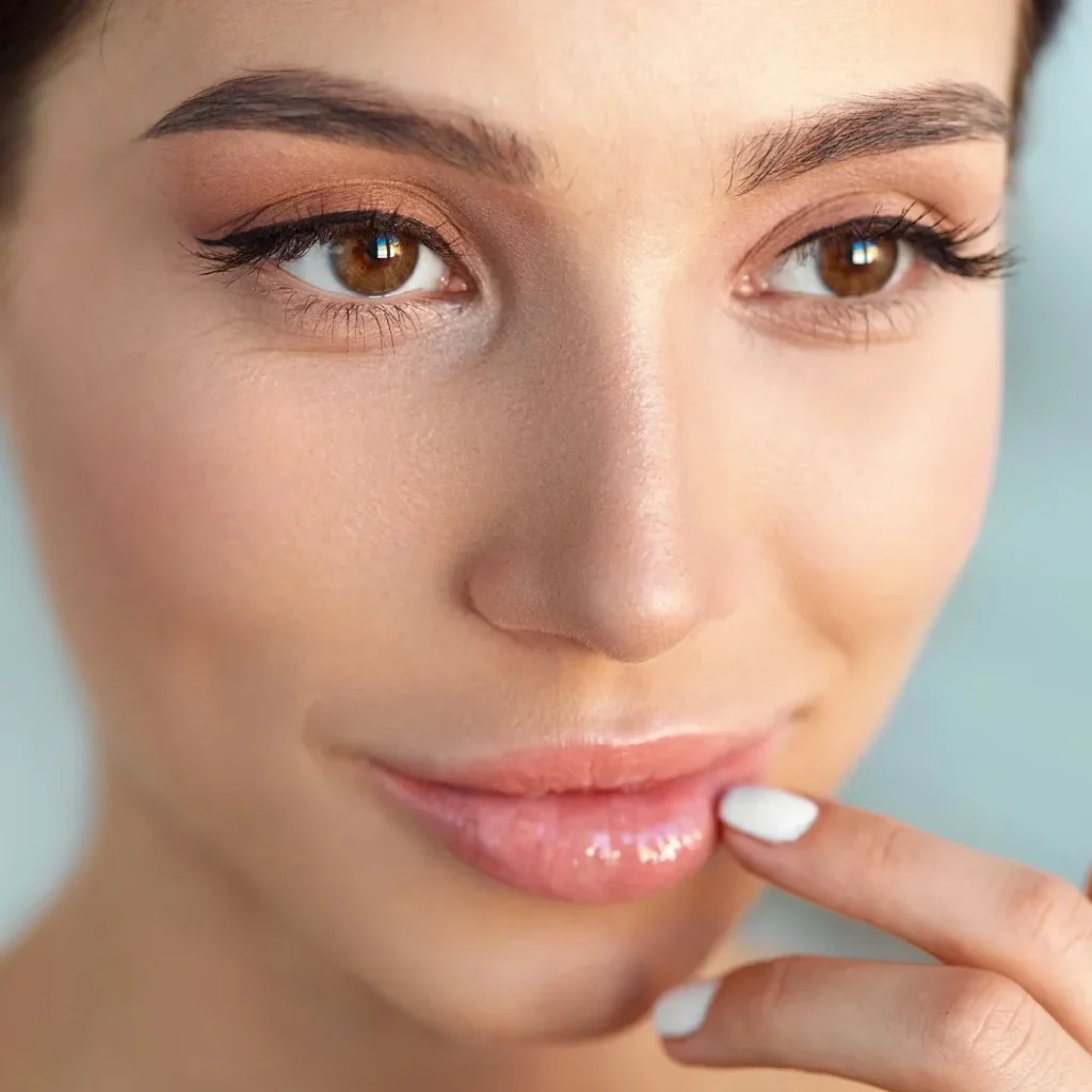 A woman with healthy, moisturized lips, indicating successful lip treatment.