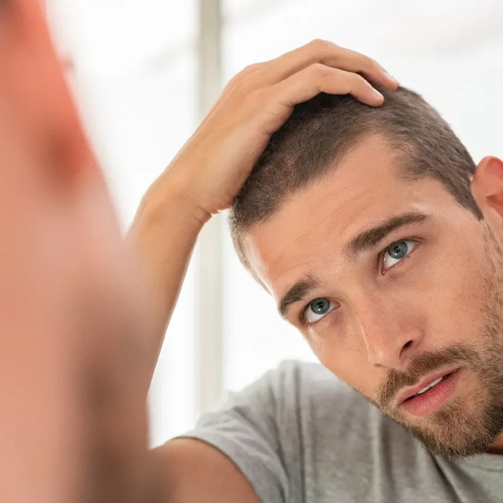Man inspecting his hairline in a mirror, considering scalp micropigmentation.