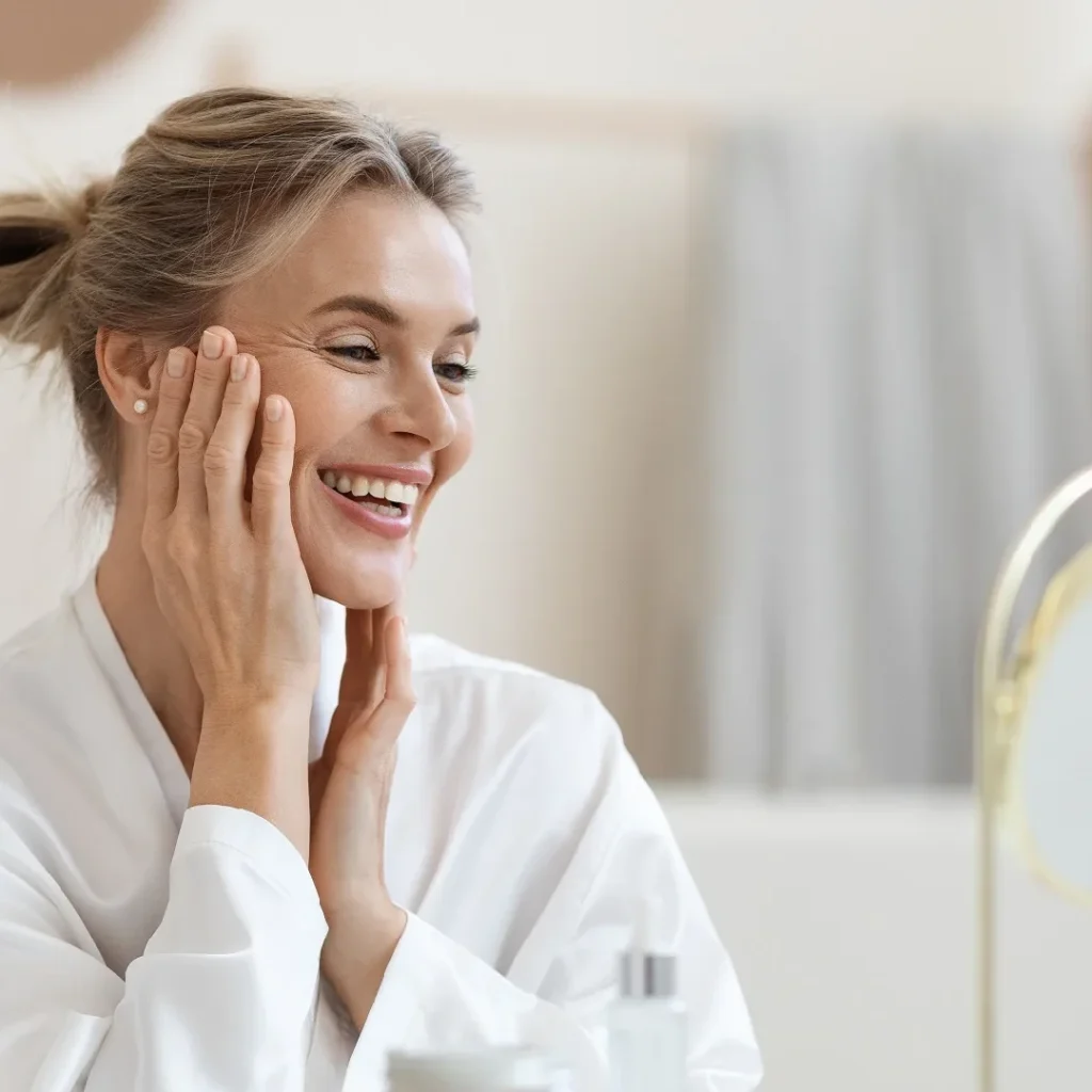 A radiant woman smiling and touching her face, showcasing effective skincare services.